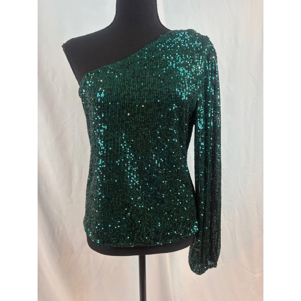 Emerald Green Sequin One Shoulder Long Sleeve Party Top Glam Night Out Blouse - Picture 7 of 7